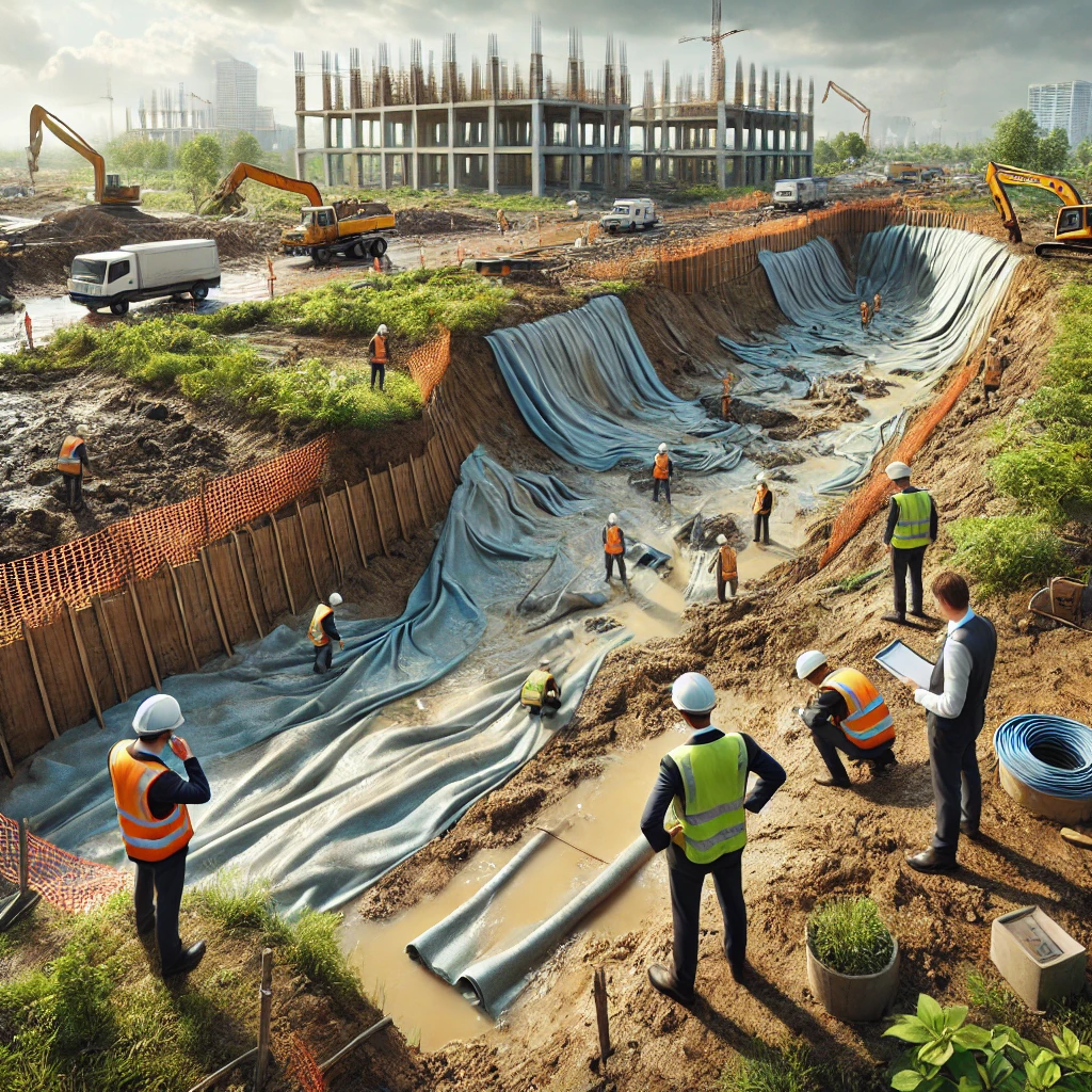 Workers inspecting a job site for erosion control