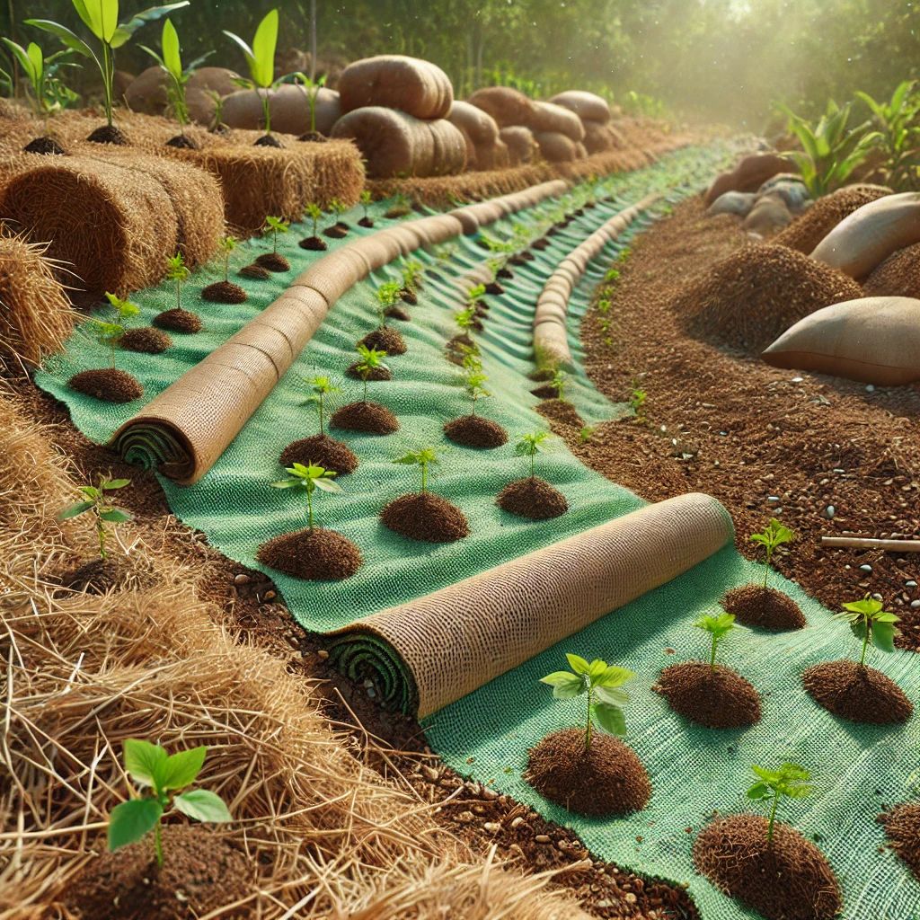 Erosion control blankets protecting soil and vegetation