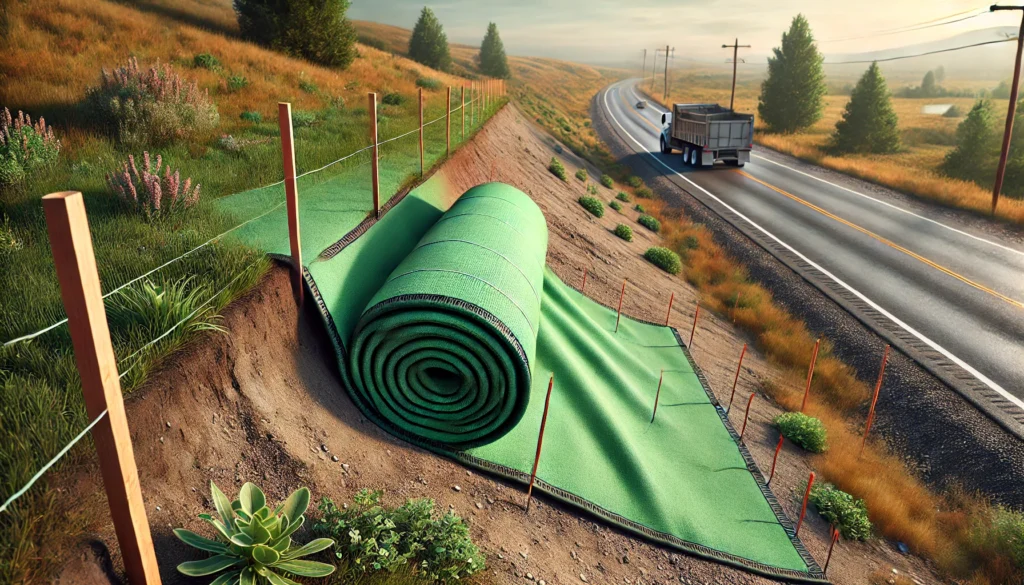 Green curlex excelsior fiber erosion control blanket on roadside project